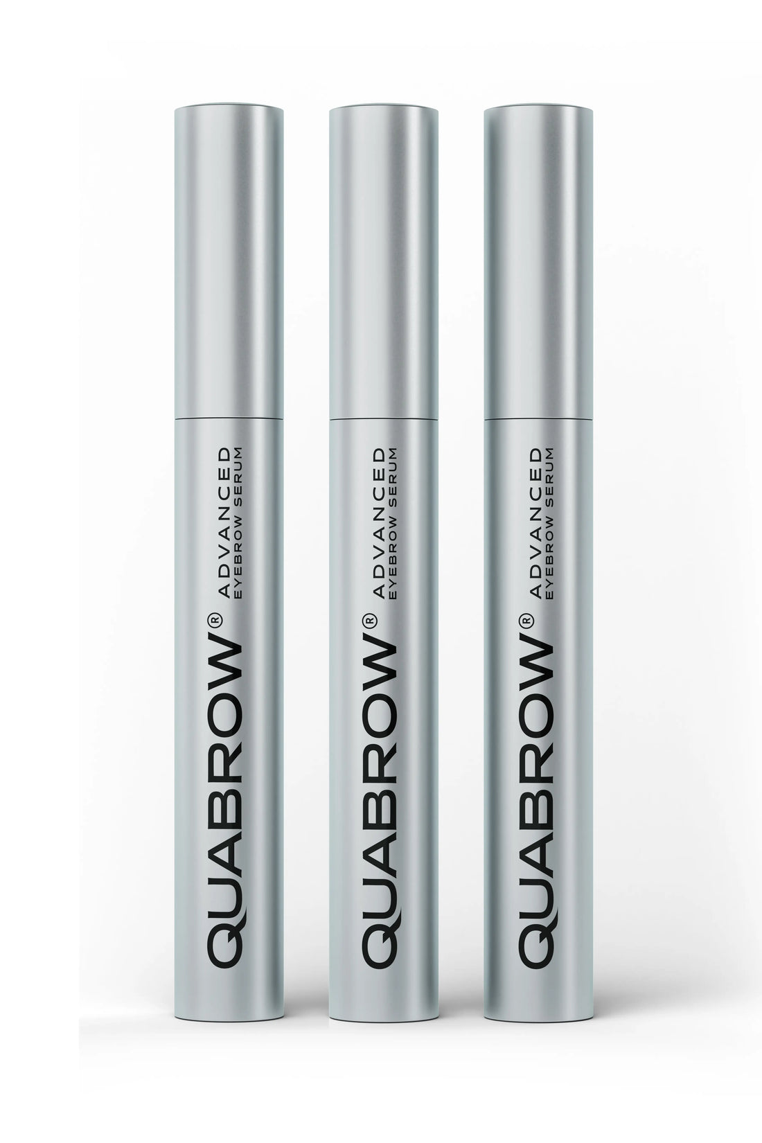 QUABROW Advanced Eyebrow Serum Trio Set displayed on branded packaging with one tube opened
