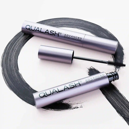 QUALASH Advanced Mascara Volume Max with silicone brush and black smudge stroke