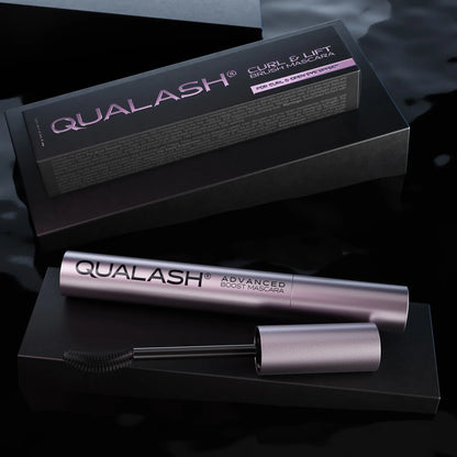 QUALASH Curl &amp; Lift Mascara with curved brush and retail box in black setting