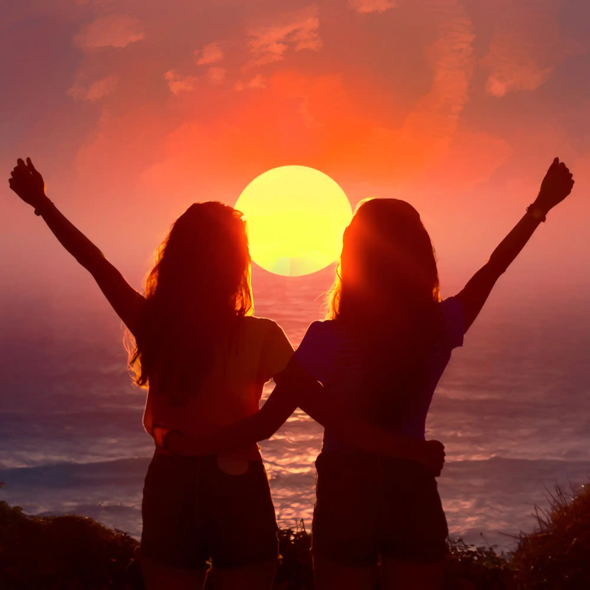 Silhouetted women embracing sunset.